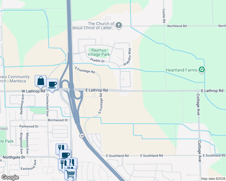 map of restaurants, bars, coffee shops, grocery stores, and more near 6397 Lathrop Road in Manteca