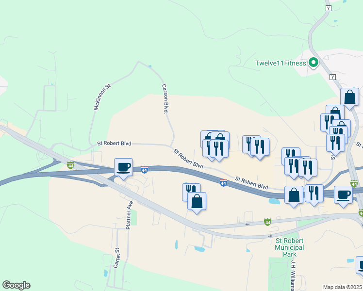 map of restaurants, bars, coffee shops, grocery stores, and more near 239 Saint Robert Boulevard in Saint Robert