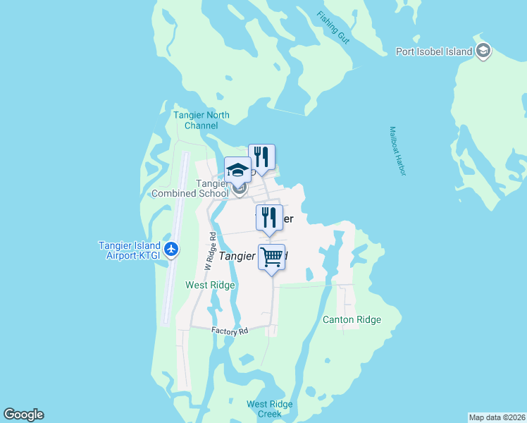 map of restaurants, bars, coffee shops, grocery stores, and more near 4405 Twin John Lane in Tangier