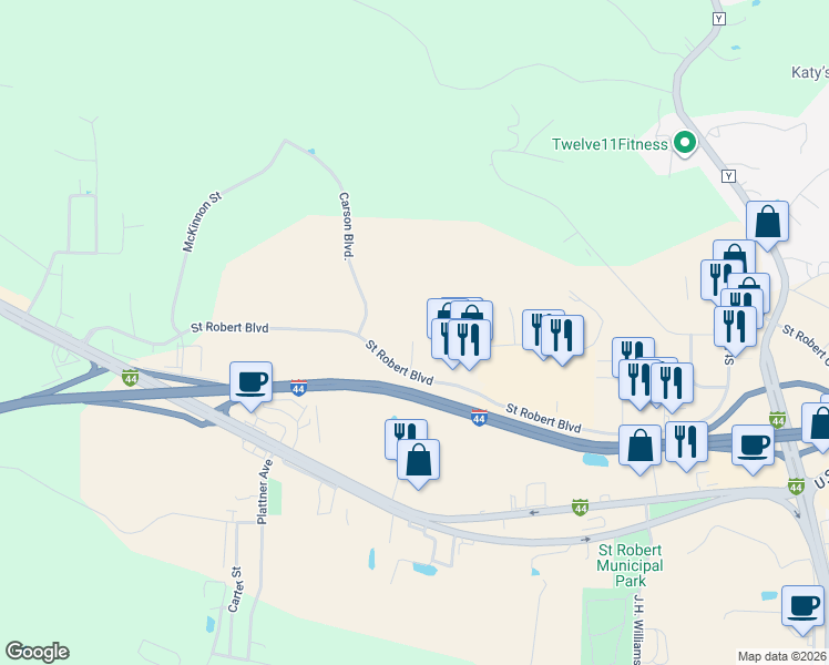map of restaurants, bars, coffee shops, grocery stores, and more near 227 Saint Robert Plaza Drive in Saint Robert