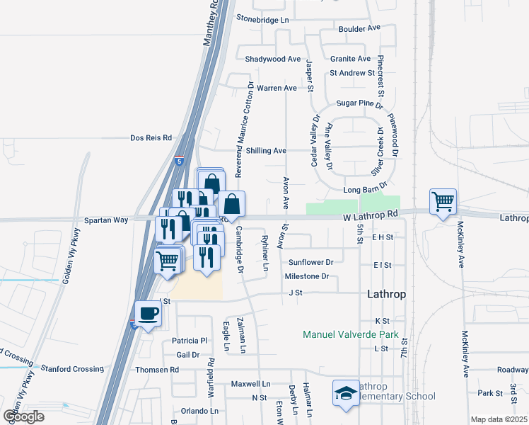 map of restaurants, bars, coffee shops, grocery stores, and more near 375 West Lathrop Road in Lathrop