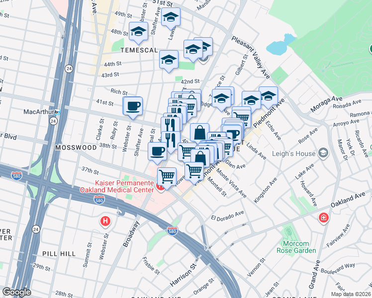 map of restaurants, bars, coffee shops, grocery stores, and more near in Oakland