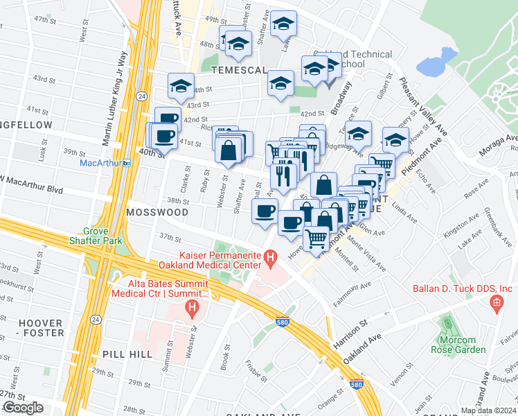 map of restaurants, bars, coffee shops, grocery stores, and more near 3834 Opal Street in Oakland