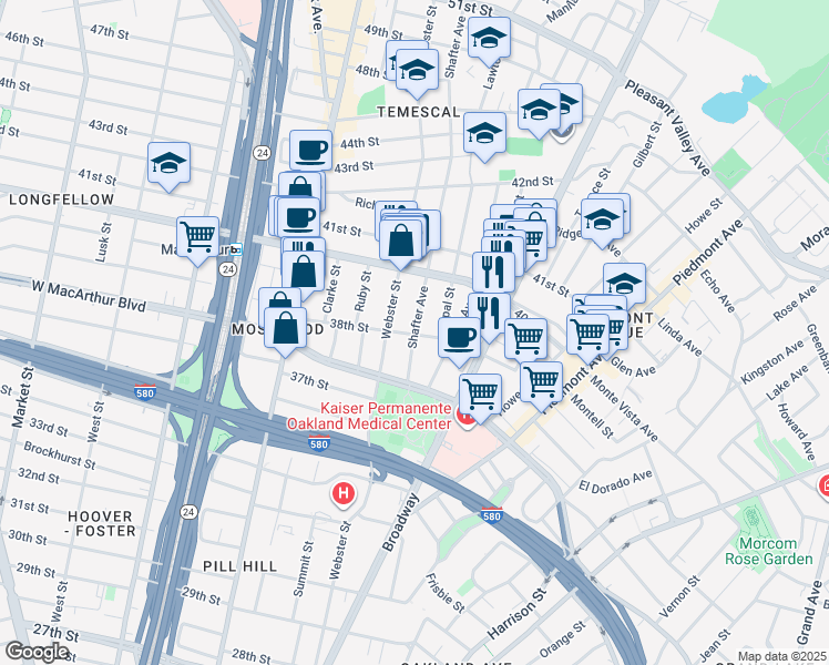 map of restaurants, bars, coffee shops, grocery stores, and more near 3817 Shafter Avenue in Oakland
