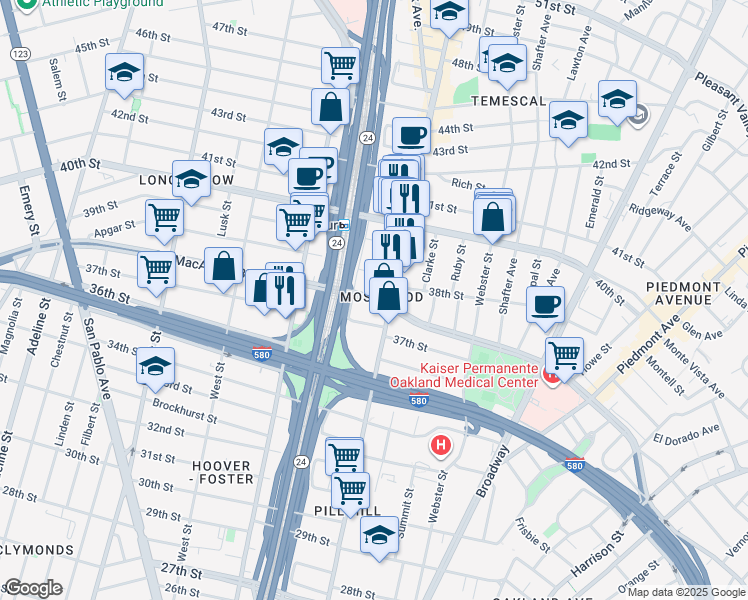 map of restaurants, bars, coffee shops, grocery stores, and more near 544 West MacArthur Boulevard in Oakland