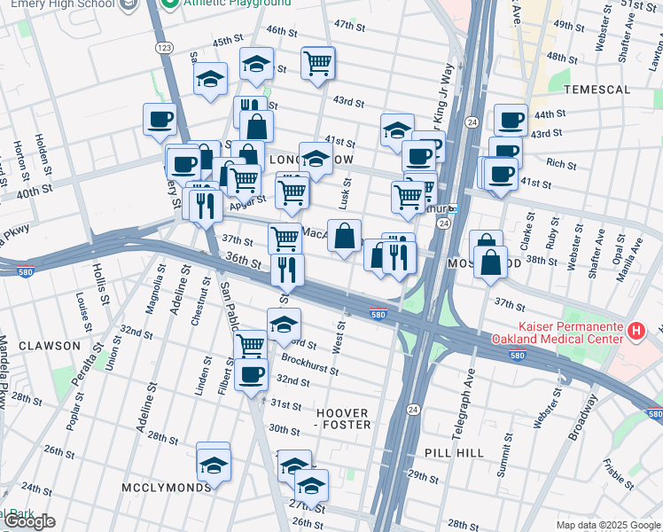 map of restaurants, bars, coffee shops, grocery stores, and more near 822 37th Street in Oakland