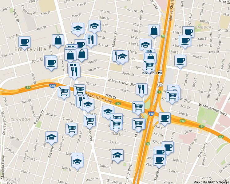 map of restaurants, bars, coffee shops, grocery stores, and more near 877 37th Street in Oakland