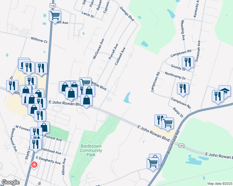 map of restaurants, bars, coffee shops, grocery stores, and more near 107 Ashberry Drive in Bardstown