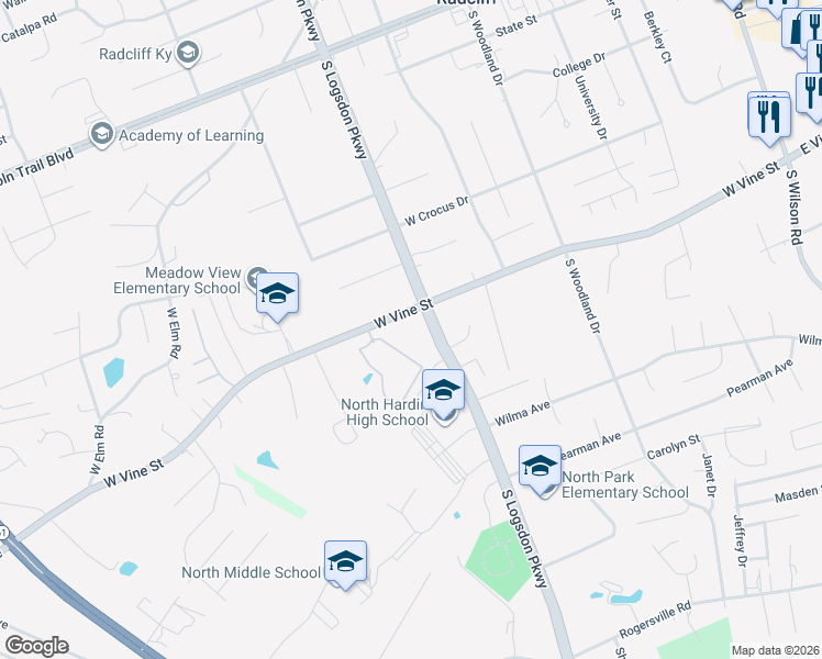 map of restaurants, bars, coffee shops, grocery stores, and more near 1000 West Vine Street in Vine Grove