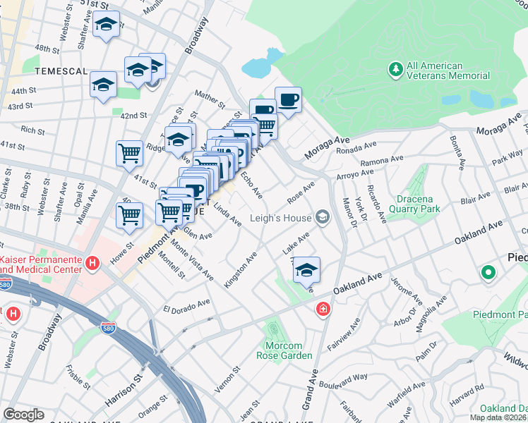 map of restaurants, bars, coffee shops, grocery stores, and more near 133 Echo Avenue in Oakland