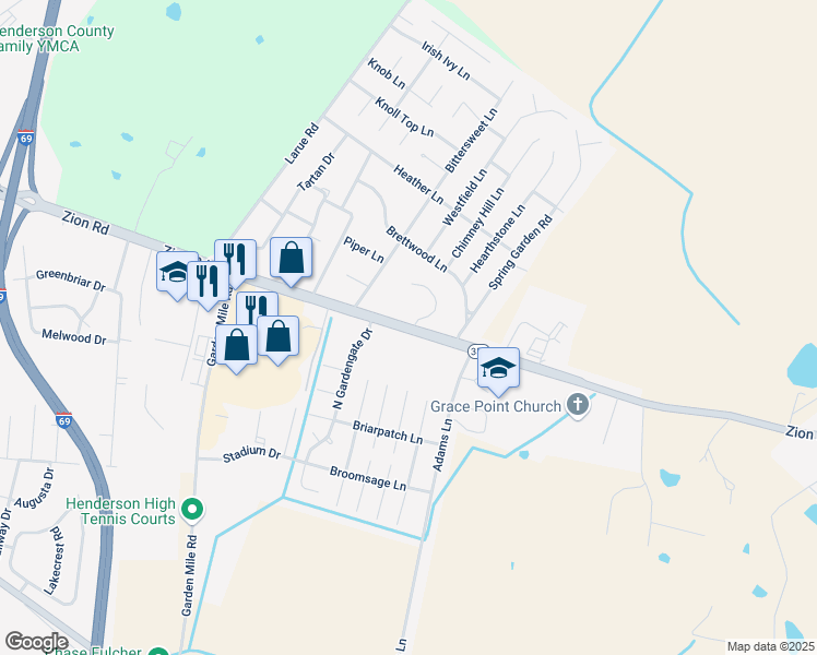 map of restaurants, bars, coffee shops, grocery stores, and more near Kentucky 351 in Henderson