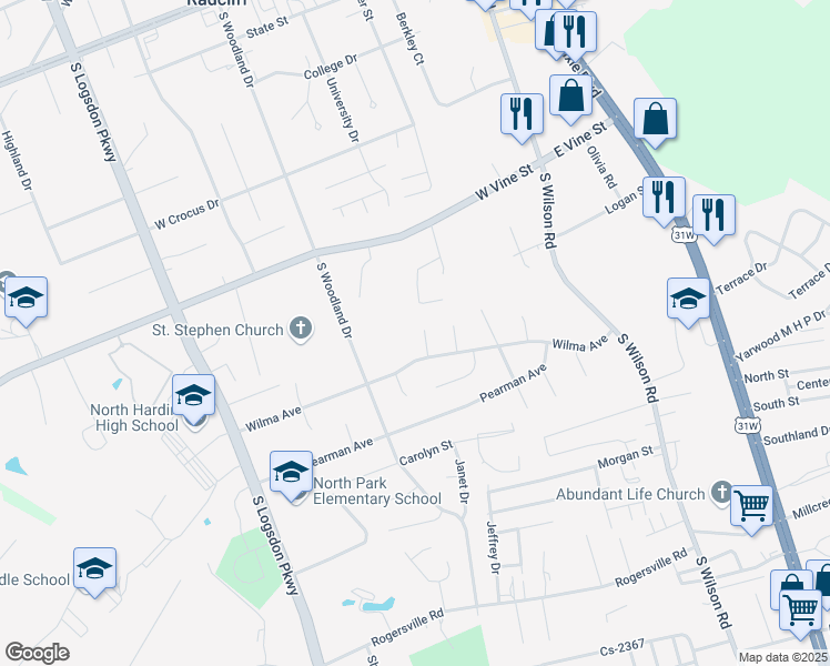 map of restaurants, bars, coffee shops, grocery stores, and more near 781 Donna Court in Radcliff