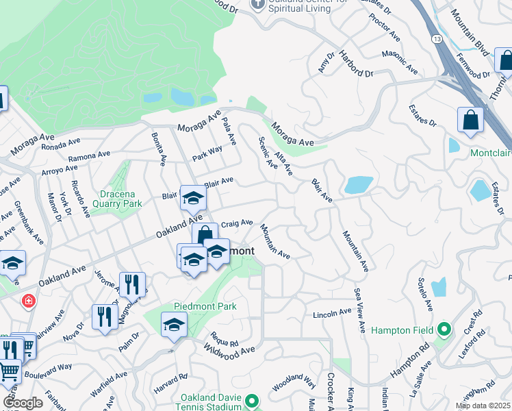 map of restaurants, bars, coffee shops, grocery stores, and more near 2058 Oakland Avenue in Piedmont