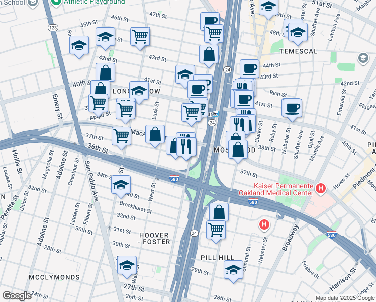 map of restaurants, bars, coffee shops, grocery stores, and more near 3715 Martin Luther King Junior Way in Oakland