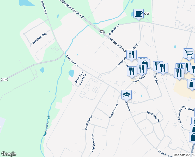 map of restaurants, bars, coffee shops, grocery stores, and more near 1142 Templin Avenue in Bardstown