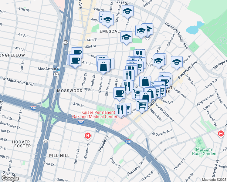 map of restaurants, bars, coffee shops, grocery stores, and more near 3811 Opal Street in Oakland