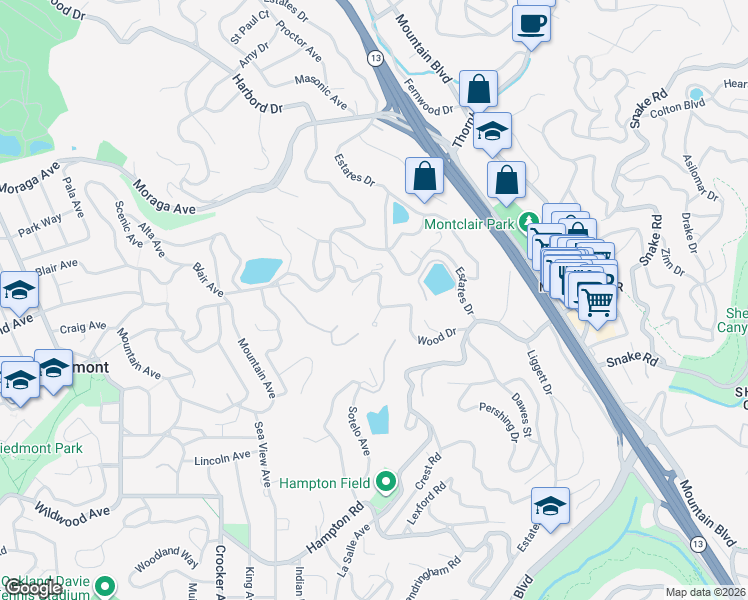 map of restaurants, bars, coffee shops, grocery stores, and more near 6081 Wood Drive in Oakland