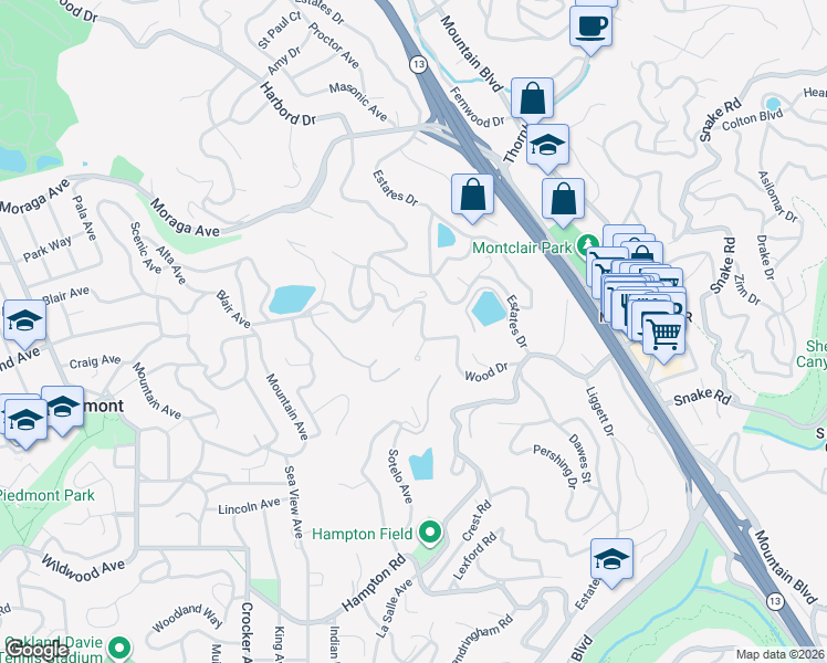 map of restaurants, bars, coffee shops, grocery stores, and more near 6081 Wood Drive in Oakland
