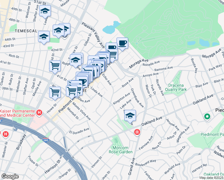 map of restaurants, bars, coffee shops, grocery stores, and more near 133 Echo Avenue in Oakland