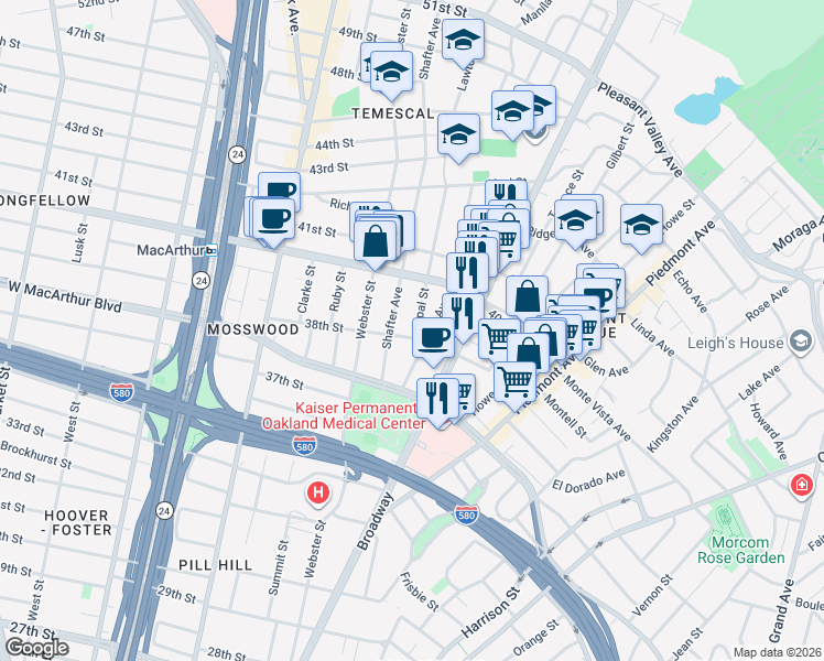map of restaurants, bars, coffee shops, grocery stores, and more near 3811 Opal Street in Oakland