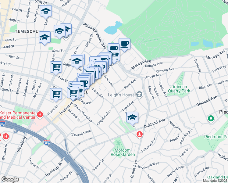 map of restaurants, bars, coffee shops, grocery stores, and more near 100 Entrada Avenue in Oakland