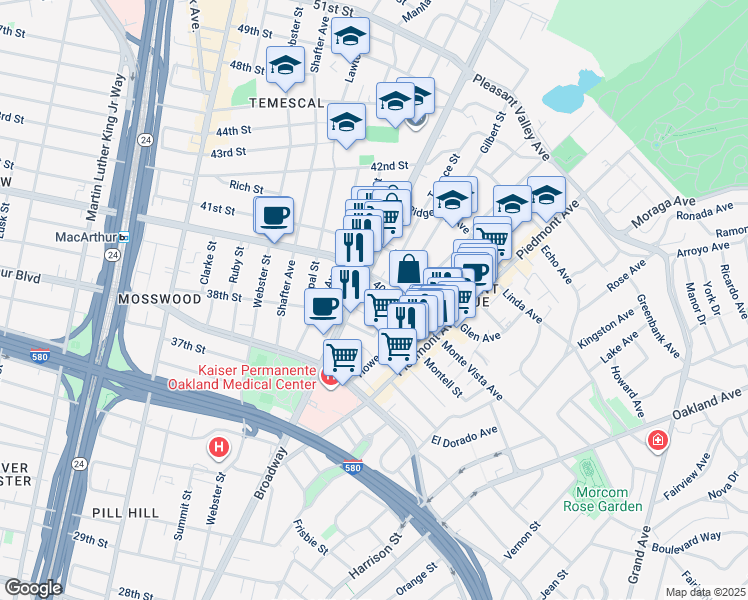 map of restaurants, bars, coffee shops, grocery stores, and more near 3927 Cerrito Avenue in Oakland