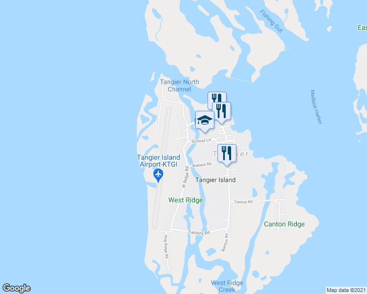 map of restaurants, bars, coffee shops, grocery stores, and more near 16448 West Ridge Road in Tangier