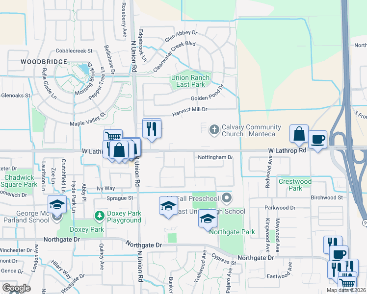 map of restaurants, bars, coffee shops, grocery stores, and more near 915 West Lathrop Road in Manteca