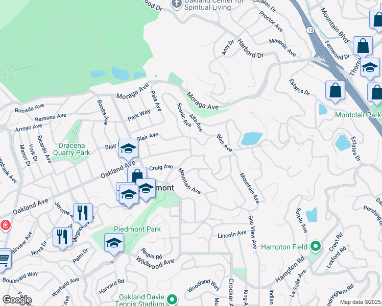 map of restaurants, bars, coffee shops, grocery stores, and more near 7 Scenic Avenue in Piedmont