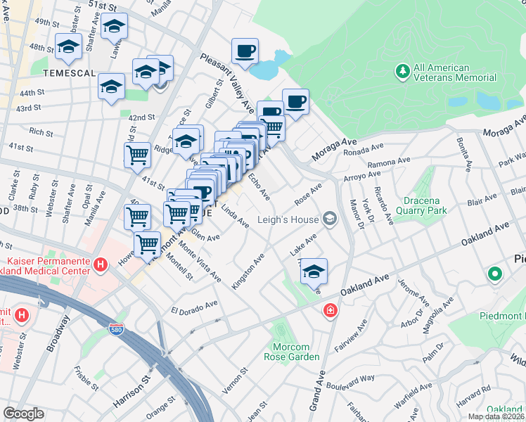 map of restaurants, bars, coffee shops, grocery stores, and more near 100 Entrada Avenue in Oakland