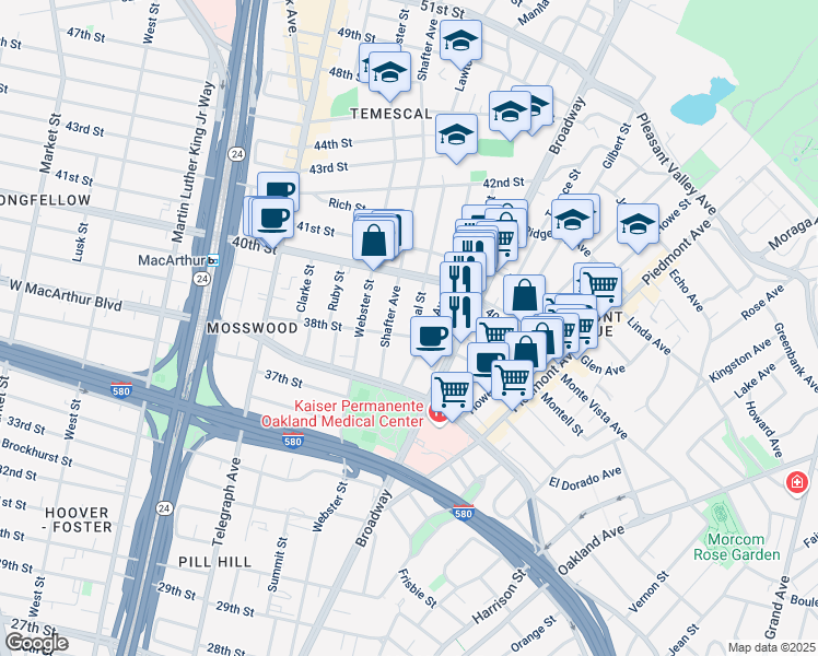 map of restaurants, bars, coffee shops, grocery stores, and more near 3834 Opal Street in Oakland