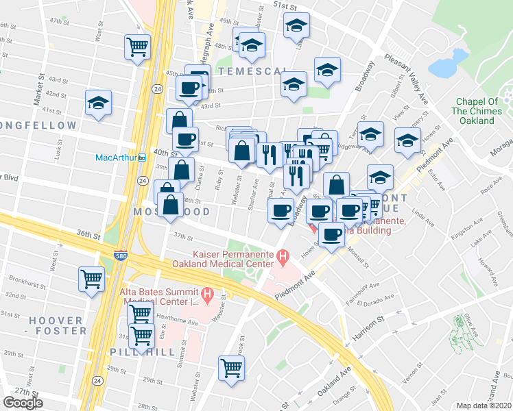 map of restaurants, bars, coffee shops, grocery stores, and more near 3817 Shafter Avenue in Oakland