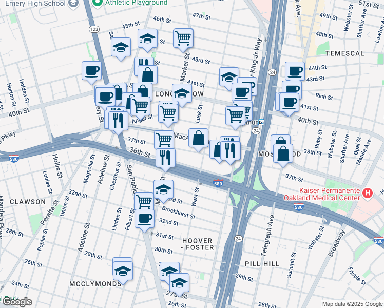 map of restaurants, bars, coffee shops, grocery stores, and more near 822 37th Street in Oakland