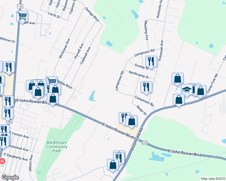 map of restaurants, bars, coffee shops, grocery stores, and more near 324 Camptown Road in Bardstown