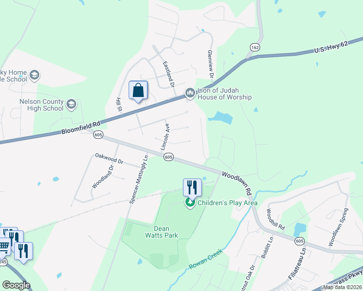 map of restaurants, bars, coffee shops, grocery stores, and more near 1-31 Kennedy Avenue in Bardstown