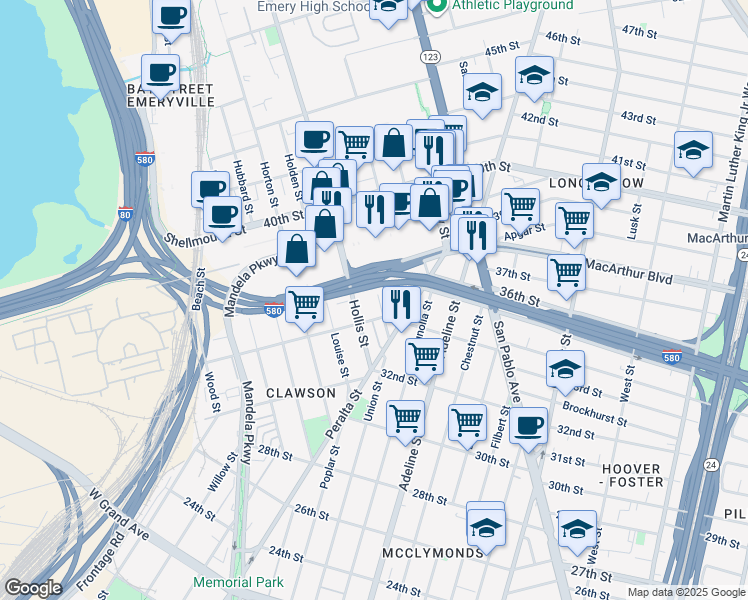 map of restaurants, bars, coffee shops, grocery stores, and more near 44 Webster Street in Oakland