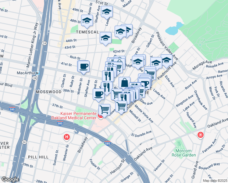 map of restaurants, bars, coffee shops, grocery stores, and more near 3927 Cerrito Avenue in Oakland