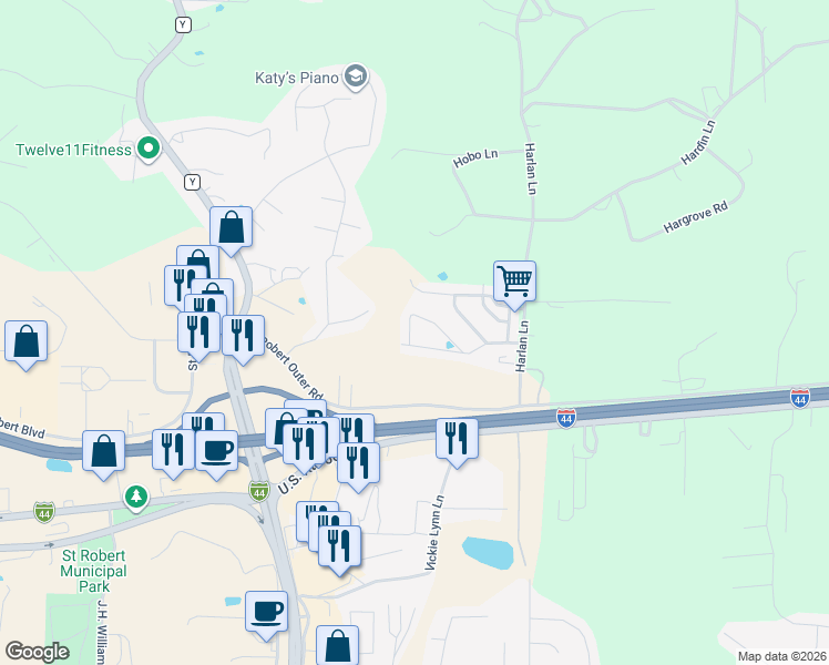 map of restaurants, bars, coffee shops, grocery stores, and more near 16218 Hershey Drive in Saint Robert