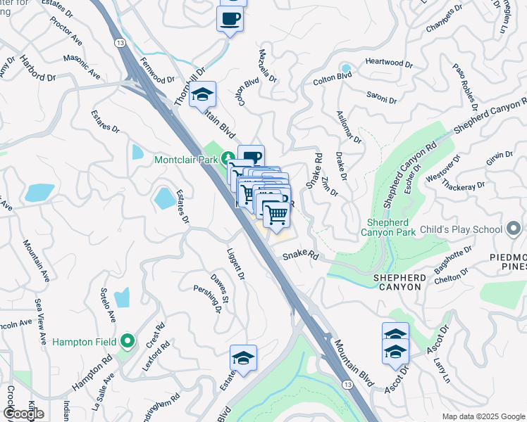 map of restaurants, bars, coffee shops, grocery stores, and more near in Oakland