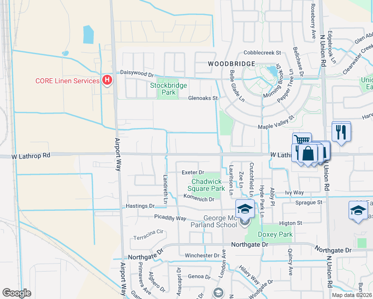 map of restaurants, bars, coffee shops, grocery stores, and more near 3019 West Lathrop Road in Manteca