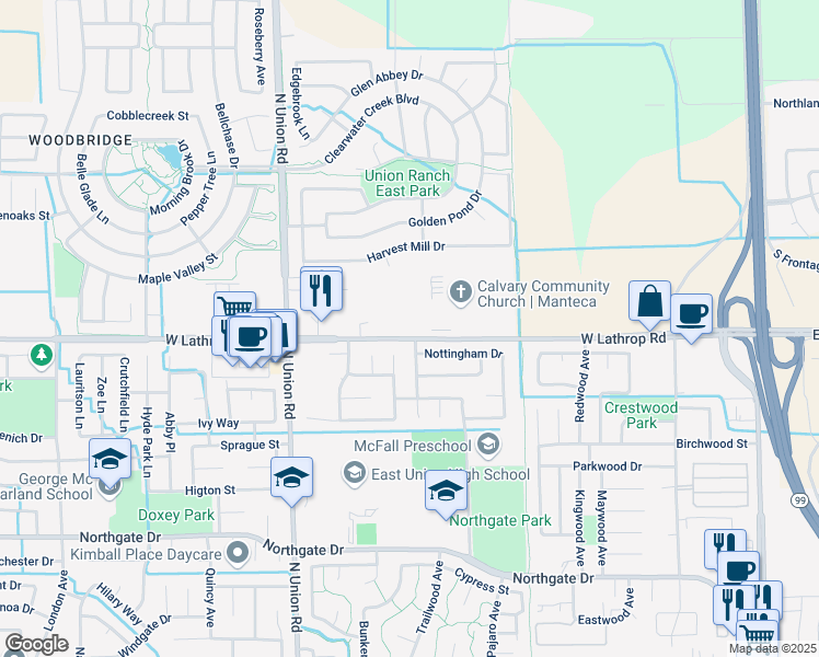 map of restaurants, bars, coffee shops, grocery stores, and more near 915 West Lathrop Road in Manteca