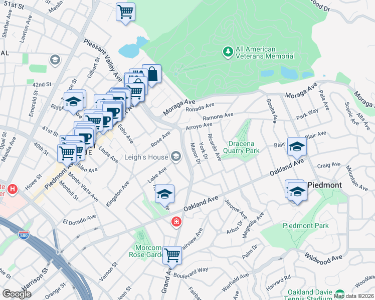 map of restaurants, bars, coffee shops, grocery stores, and more near 46 Manor Drive in Piedmont