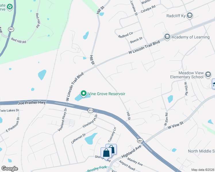 map of restaurants, bars, coffee shops, grocery stores, and more near 3551 Hill Street in Radcliff