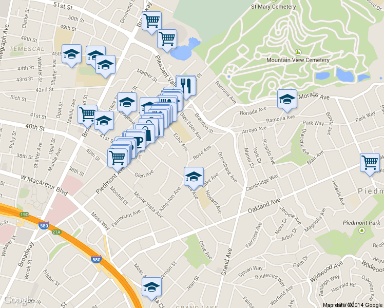 map of restaurants, bars, coffee shops, grocery stores, and more near 999 Rose Avenue in Oakland