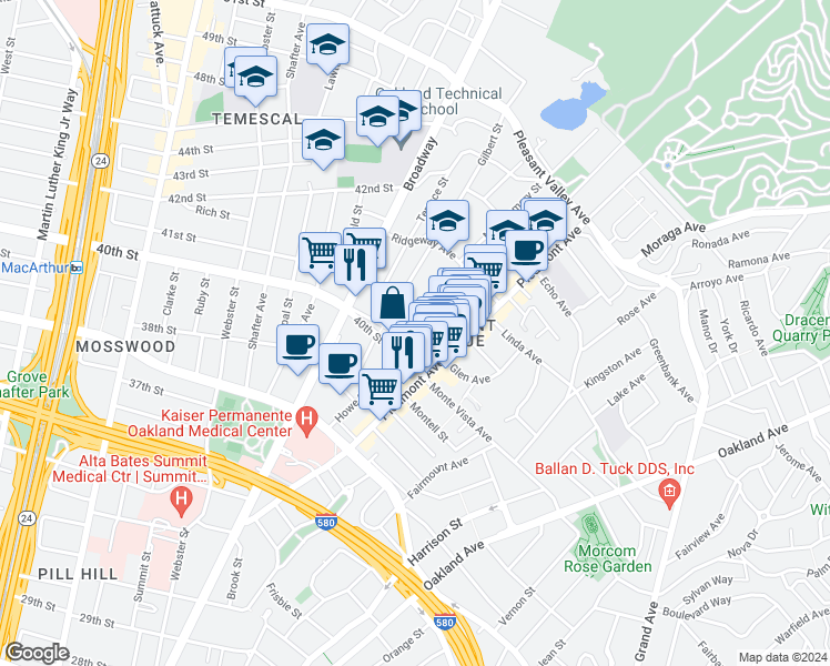 map of restaurants, bars, coffee shops, grocery stores, and more near 200 40th Street Way in Oakland