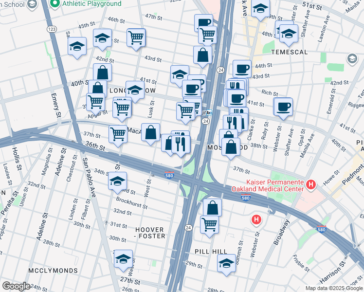 map of restaurants, bars, coffee shops, grocery stores, and more near 657 West MacArthur Boulevard in Oakland
