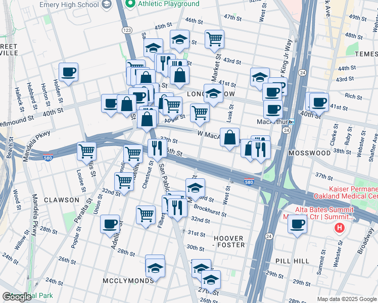 map of restaurants, bars, coffee shops, grocery stores, and more near 911 37th Street in Oakland
