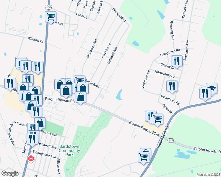 map of restaurants, bars, coffee shops, grocery stores, and more near 107 Ashberry Drive in Bardstown