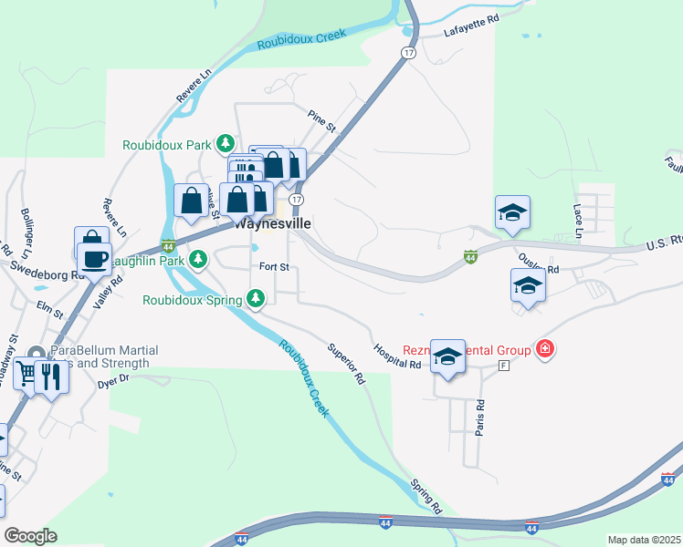 map of restaurants, bars, coffee shops, grocery stores, and more near 602 Hillside Drive in Waynesville