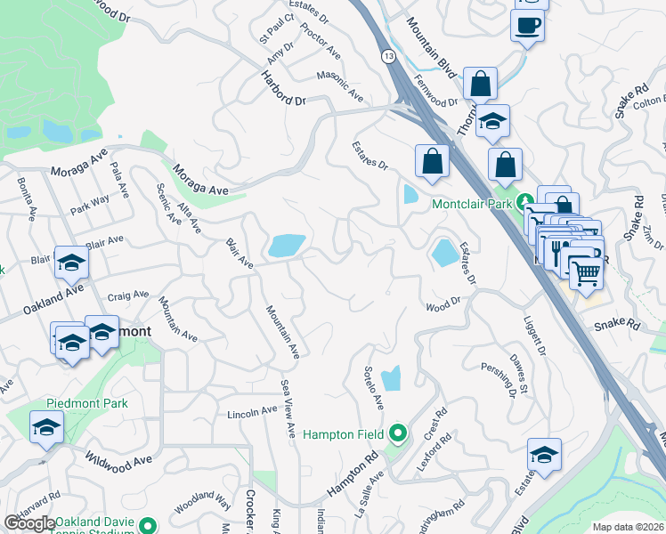map of restaurants, bars, coffee shops, grocery stores, and more near 6130 Harbord Drive in Oakland